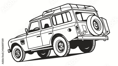 Classic Off-Road 4x4 Vehicle Line Art Illustration with Roof Rack and Spare Tire