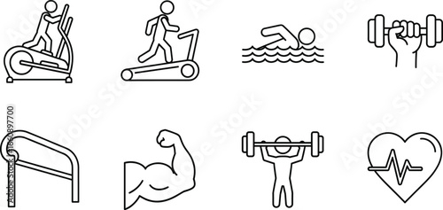 Fitness and exercise icon set featuring elliptical, treadmill, swimming, dumbbells, barbell, heart rate, and muscle flex for health design