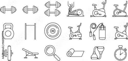 Fitness and gym equipment icon set featuring dumbbells, bikes, kettlebells, yoga mats, resistance bands, and workout tools for design