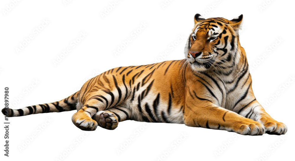 Obraz premium Majestic tiger lounging in a serene jungle setting showcasing its vibrant fur and calm demeanor isolated on white background