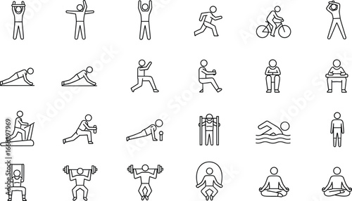 Fitness and wellness icon set featuring stretching, running, cycling, meditating, lunging, and gym exercises for health and lifestyle design