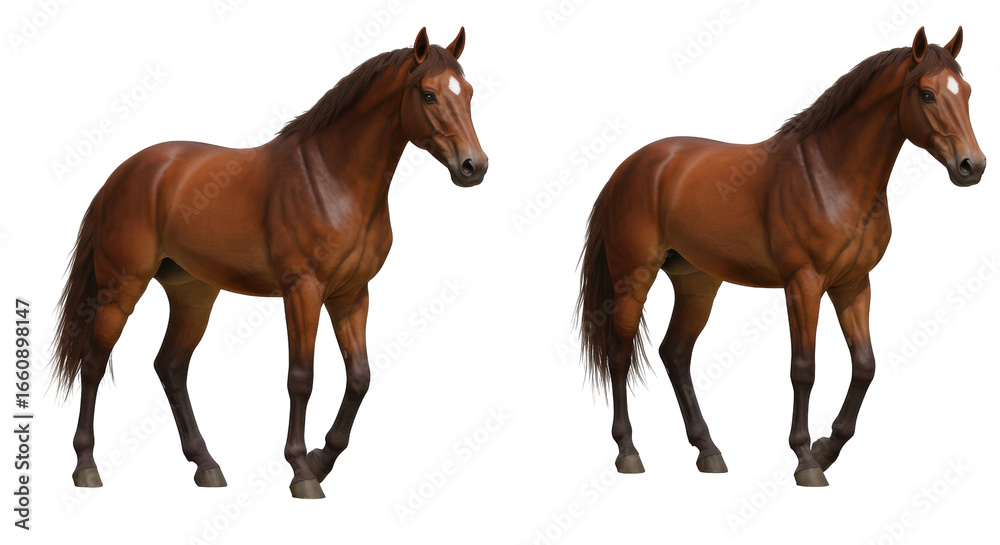 Obraz premium Two majestic brown horses standing gracefully in a lush green pasture under a clear sky isolated on white background
