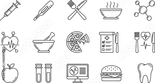 Health and science icon set featuring food, medical tools, molecular structures, heart monitors, and wellness symbols for design projects