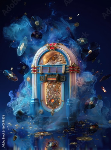 Retro jukebox surrounded by vinyl records and smoke, on a reflective surface