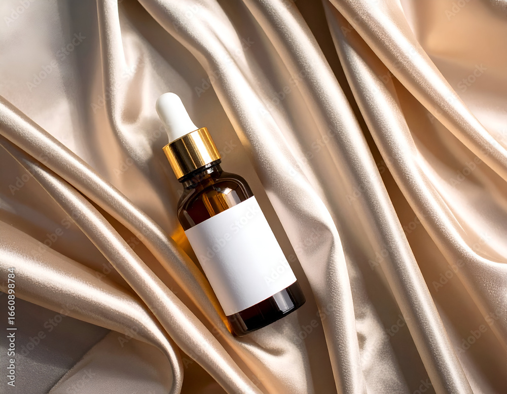 Naklejka premium Elegant amber glass dropper bottle with a blank label for a cosmetic serum resting on luxurious, flowing champagne-colored silk fabric