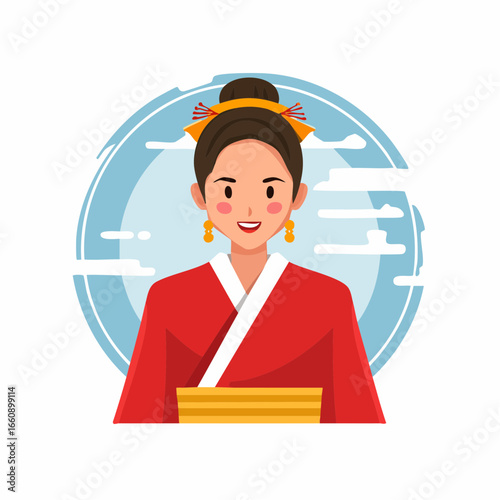 Illustration of a smiling Japanese bride in traditional wedding attire.