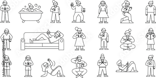 Minimal line art icons of people doing daily activities like reading, relaxing, bathing, and using devices for lifestyle design