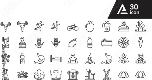 Set of 30 health and wellness icons for fitness, nutrition, mindfulness, and medical design projects