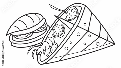 Black and white line art illustration of a sandwich and a taco filled with shrimp and vegetables, food concept