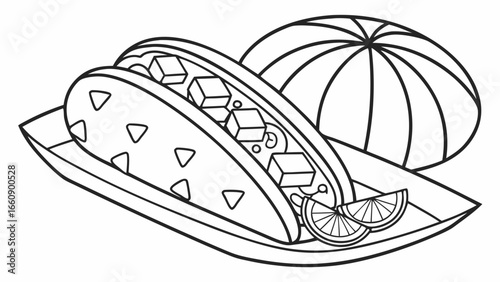 Black and white line art illustration of a delicious taco with a sombrero and lime wedges, representing Mexican cuisine and culture