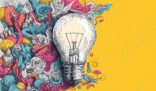 A vintage-style illustration features a glowing lightbulb at the center, surrounded by a vibrant, eclectic collection of sketched objects