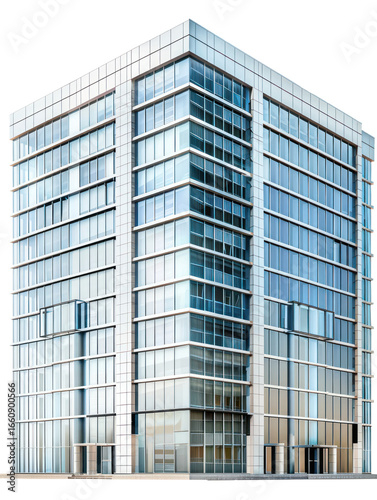 A modern office building with glass windows and a metallic exterior.