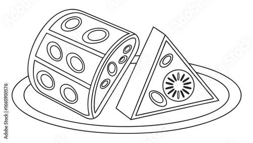 Cheese Wheel and Wedge on Plate Line Art. Outline Drawing of Dairy Product. Food Illustration for Menu, Recipe, or Coloring Book.