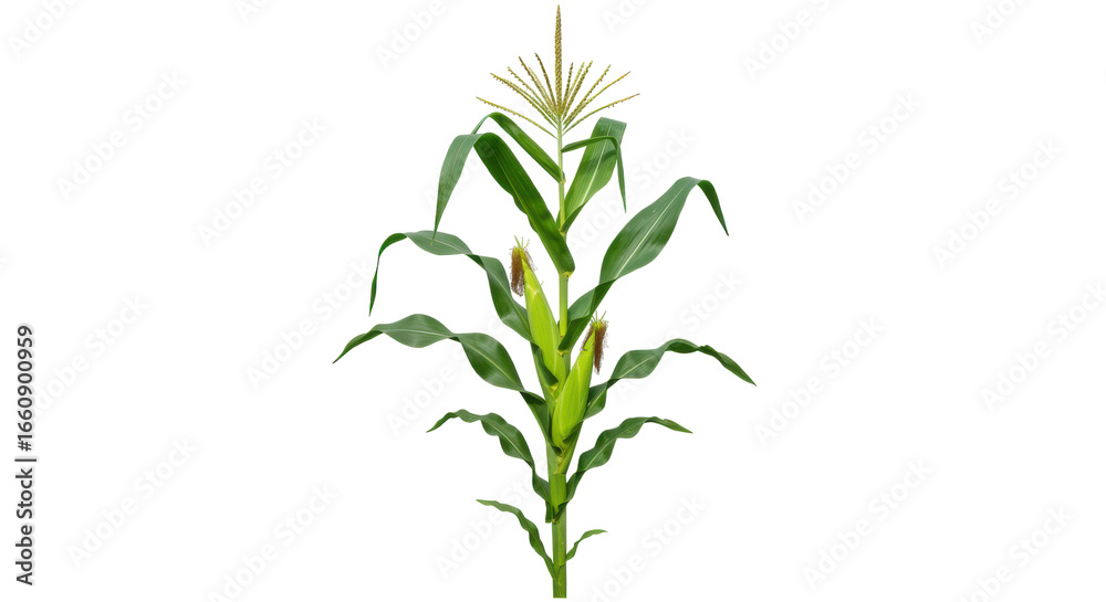 Fototapeta premium Lush corn plant with vibrant green leaves and golden tassels isolated on white background