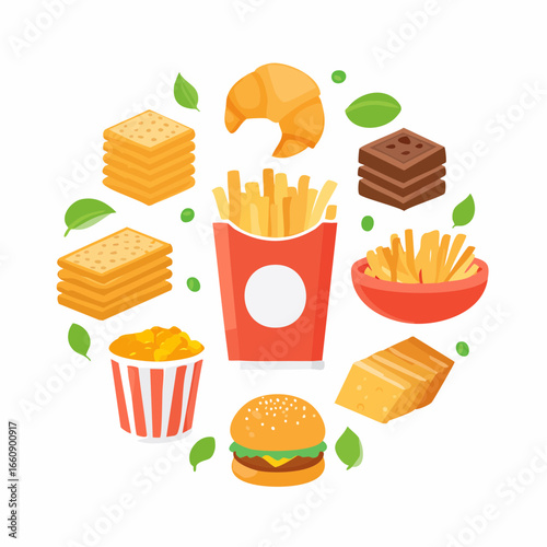 Assorted Fast Food Items with French Fries and Snacks.