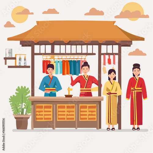 Traditional Asian Clothing Store with Vendors and Customers.