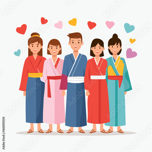 Group of diverse people wearing traditional Japanese kimonos together happily.