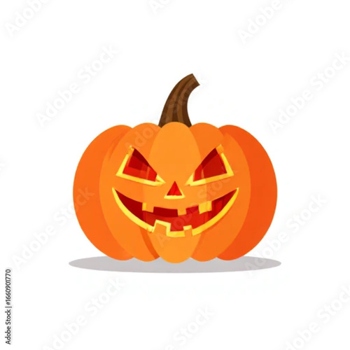 Ilustrasi vektor Halloween, labu oranye dengan wajah seram bercahaya, latar belakang putih minimalis, gaya ikon datar