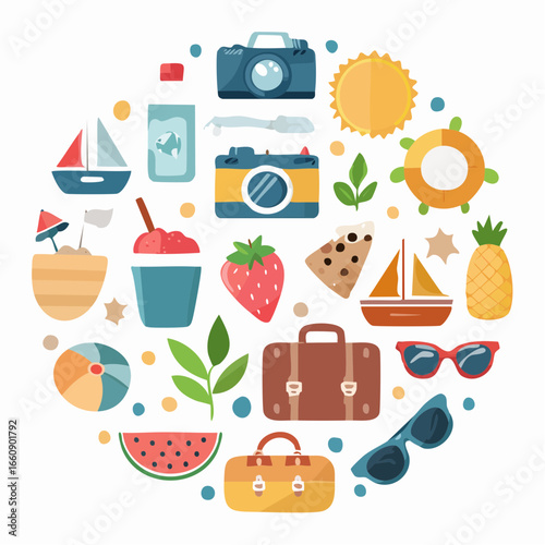 Vibrant Summer Holiday Travel Icons and Symbols.