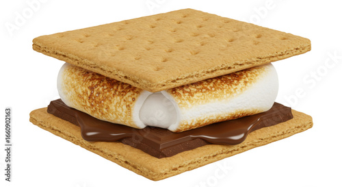 Delicious s'mores with toasted marshmallow and chocolate between graham crackers isolated on white background