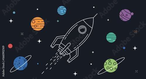 Space Rocket Flying Through Galaxy with Colorful Planets and Stars - Flat Line Art Vector Illustration
