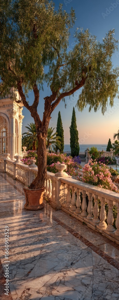 Obraz premium Ornate balcony overlooking a seaside garden at sunset