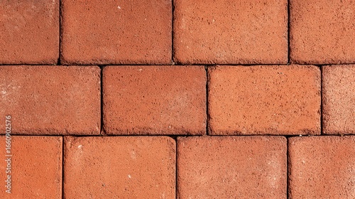 Red brick paver background with close-up of red rectangular concrete pavers on brown gravel ground, showcasing texture and pattern of outdoor floor material.