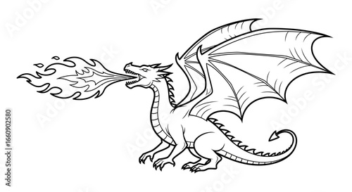 Fire-breathing fantasy dragon line art illustration, mythical creature outline drawing