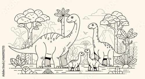 Dinosaur Family Line Art Illustration in Prehistoric Landscape for Coloring Page
