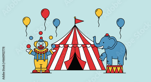 Vibrant Circus Scene with Big Top Tent, Juggling Clown, and Elephant Illustration