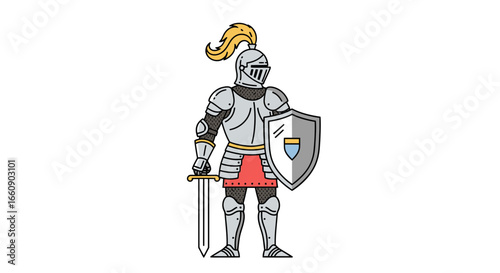 Cartoon Medieval Knight in Full Armor with Sword and Shield Vector Illustration