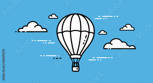 Hot Air Balloon Flying in Blue Sky with Clouds - Line Art Illustration for Travel & Adventure