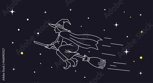 Halloween Witch Flying on Broomstick in Starry Night Sky - Magical Line Art Illustration