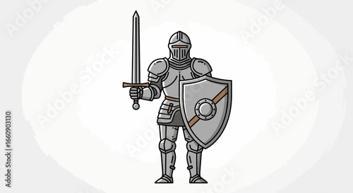 Brave Medieval Knight in Full Armor with Sword and Shield, Cartoon Illustration