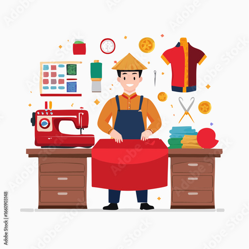 Tailor working on a red fabric at a wooden workbench surrounded by sewing tools.
