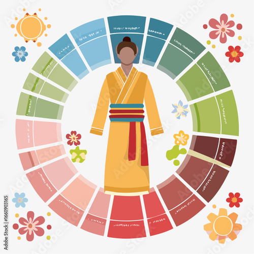 Woman in traditional Japanese kimono surrounded by colorful palette.