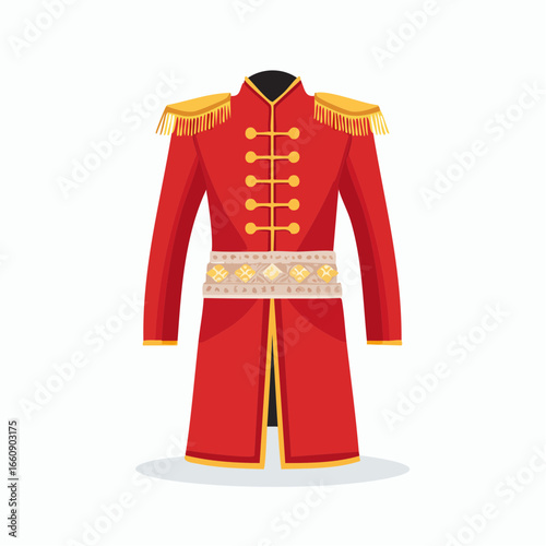Red military uniform coat with gold trim and epaulets illustration.