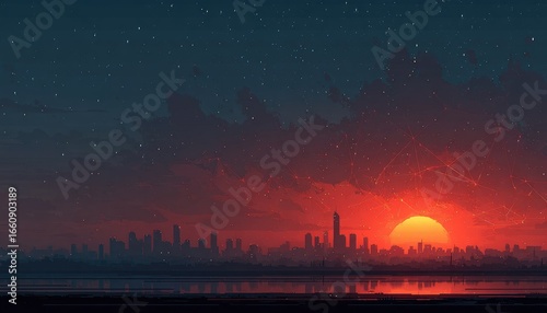 City skyline at sunset, reflected in still water under a starry night sky