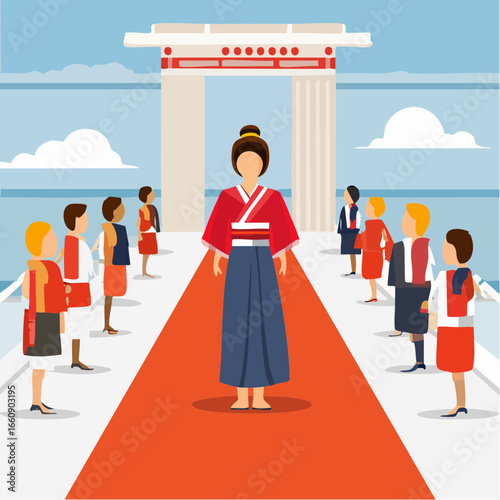 Woman in traditional Japanese kimono standing on red carpet.