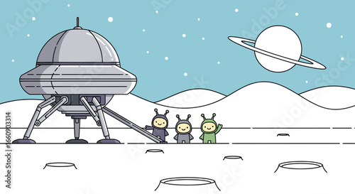 Friendly Cartoon Aliens on Moon with Spaceship & Ringed Planet – Space Exploration Vector Illustration