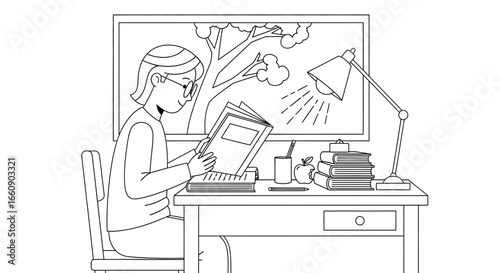 Student Reading Book at Desk Under Lamp - Line Art Illustration for Education & Learning