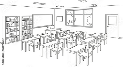 Empty Classroom Interior Line Art Illustration. School Desks, Whiteboard, Bookshelves. Black and White Outline Drawing for Education.