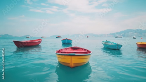 Calm sea with colorful small boats floating on clear turquoise water under a partly cloudy sky du daytime in a peaceful coastal setting