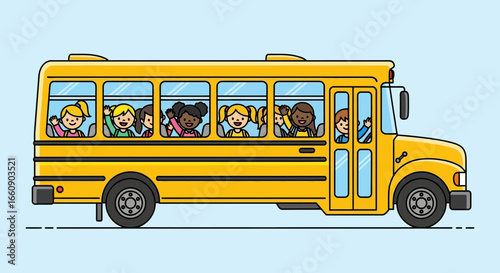 Happy Diverse School Children Riding Yellow Bus: Back to School Education Concept