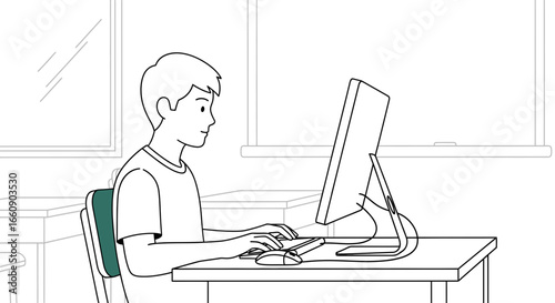 Student using computer in classroom, line art illustration for education