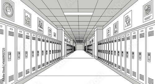 Empty School Hallway with Lockers, Black and White Line Art Perspective