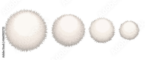 Set of four beige fluffy pom poms in different sizes