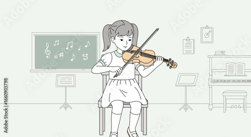 Young Girl Playing Violin in Music Class Illustration