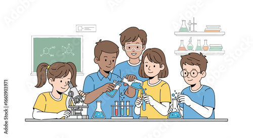 Diverse Kids Learning Science: Young Students Conduct Chemistry Experiments with Lab Equipment in Classroom