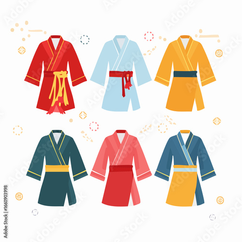 Colorful bathrobes with sashes and belts, various designs.